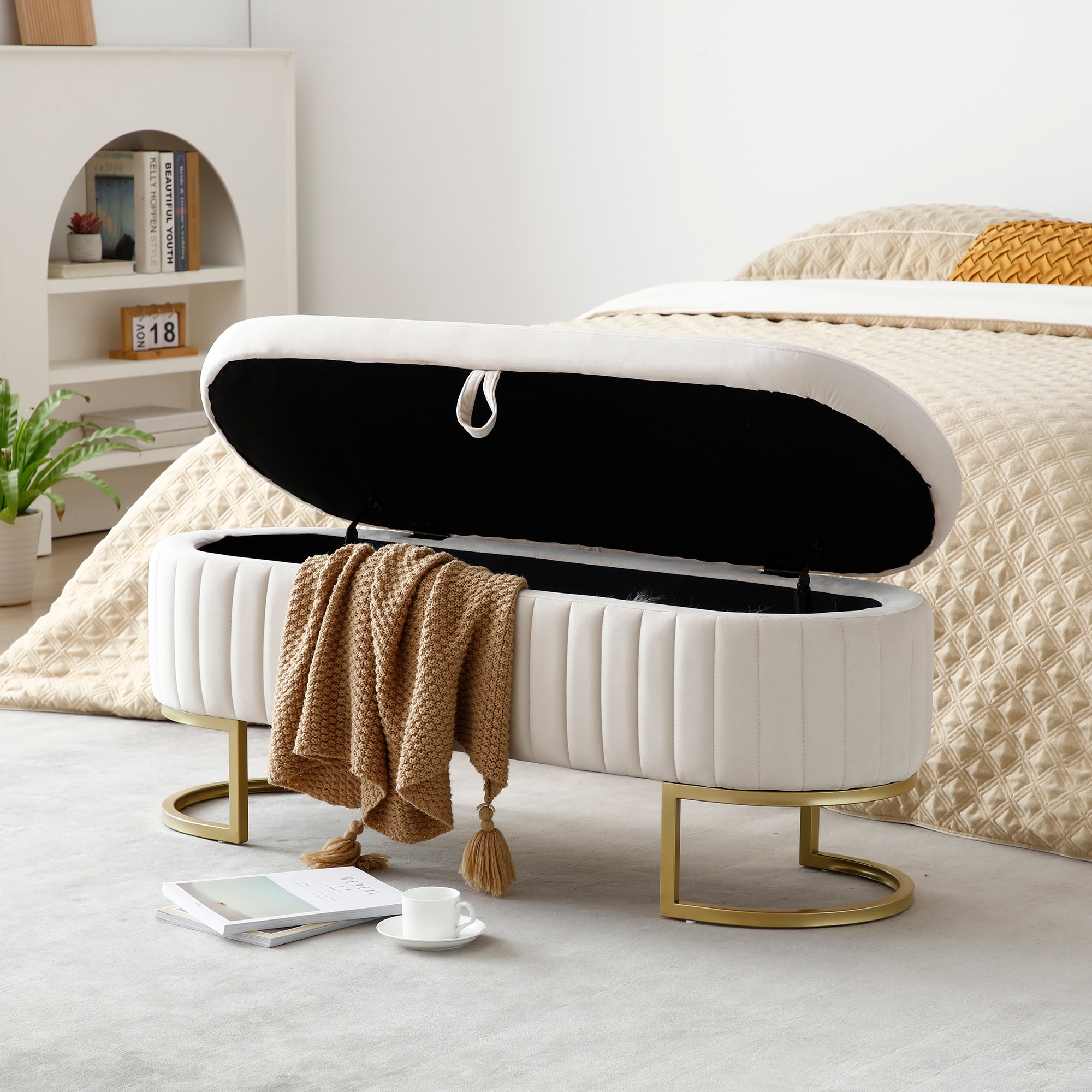 Storage Bench Bedroom Bench, Velvet Oval Upholstered Bed Bench With Golden Metal Legs,Storage Ottoman Bench For Bedroom, Living Room,Entryway,Beige_voghion.com